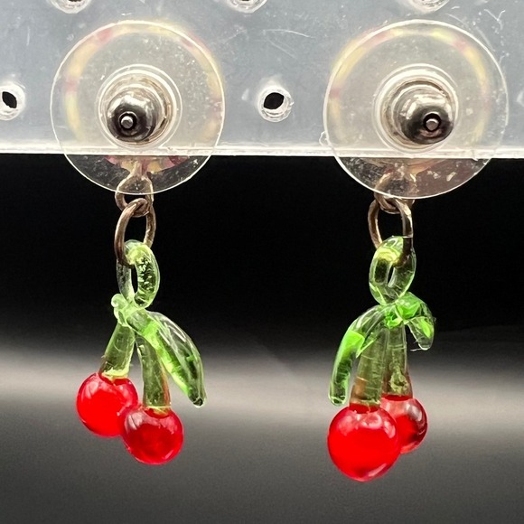 Cherry Dangle Earrings Colorful Round Post Earrings Fun Quirky Jewelry - Picture 3 of 5